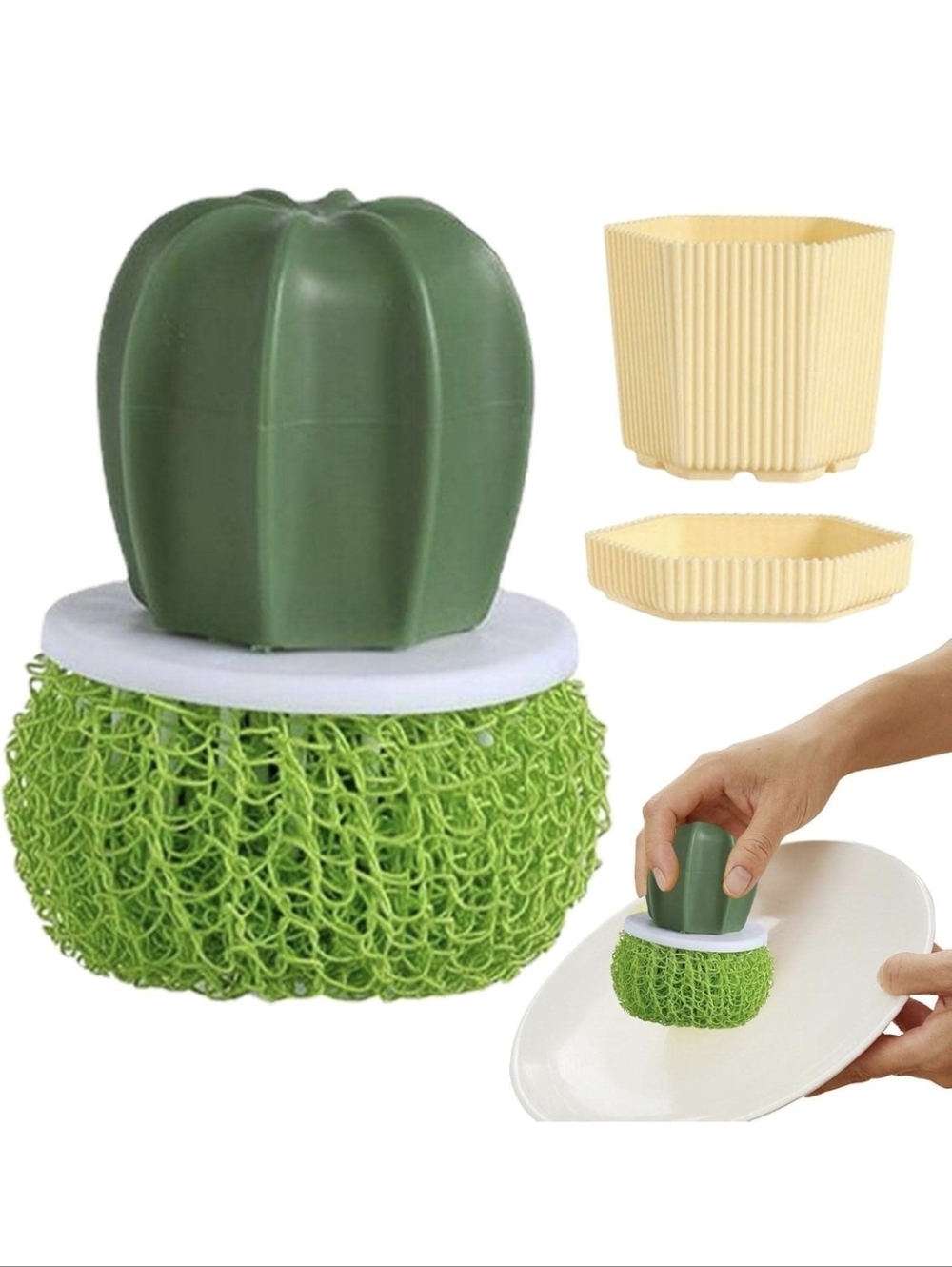 🍁New Cactus Dish Scrubber Set with Drip Tray  & 3 Replacement Brushes